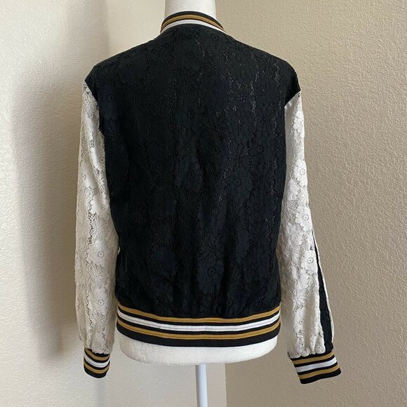 Eye of the Needle Black & White Lace Overlay Full-Zip Bomber Jacket Size Small - Picture 2 of 9